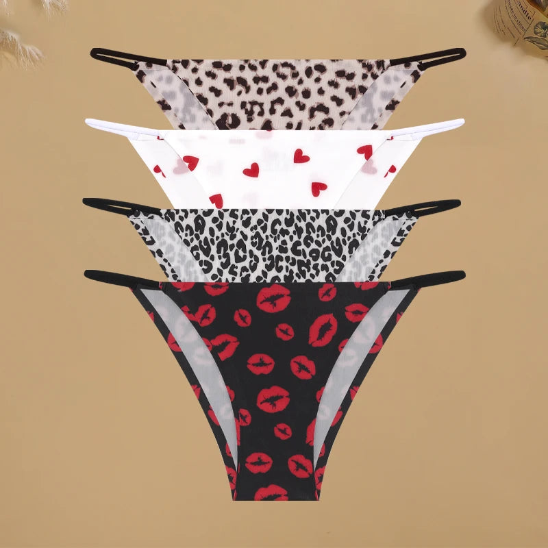 4Pcs/Set Graphic Print Briefs Women Seamless Ultra-thin Panties Sexy Low Waist Leopard Love Underwear Girls Breathable Lingerie