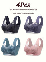 INTIMO SECRETS 4-Piece Lace Push-Up Bra Set – Ice Silk Deep V Bralette, Plus Size L-5XL