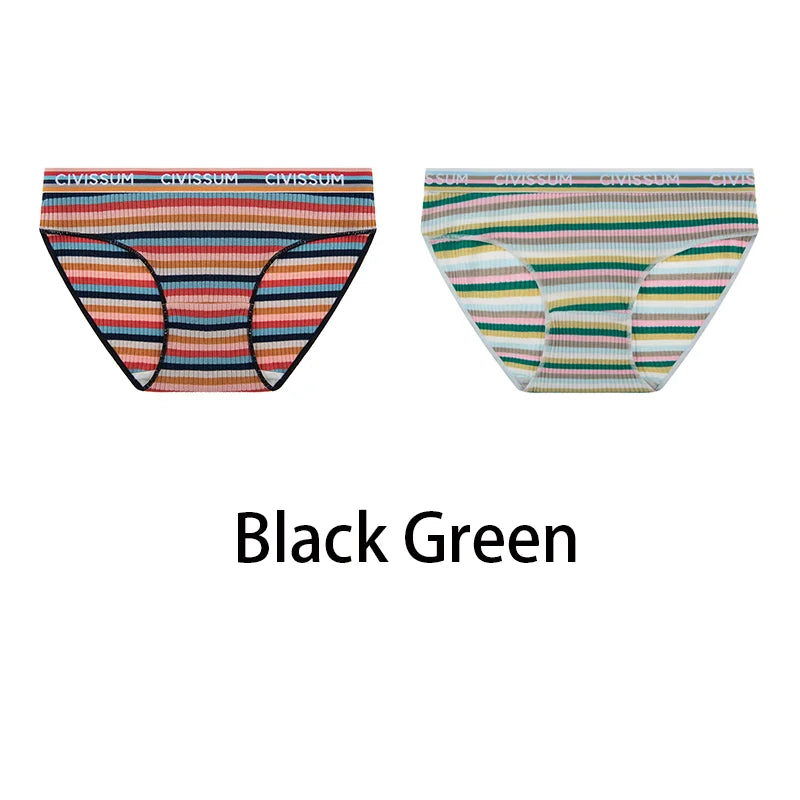 2PCS/Set Women Cotton Plus Size Panties M-4XL Comfort Underwear Sexy Colorful Rainbow Striped Lingerie Girls Cute Briefs NK608