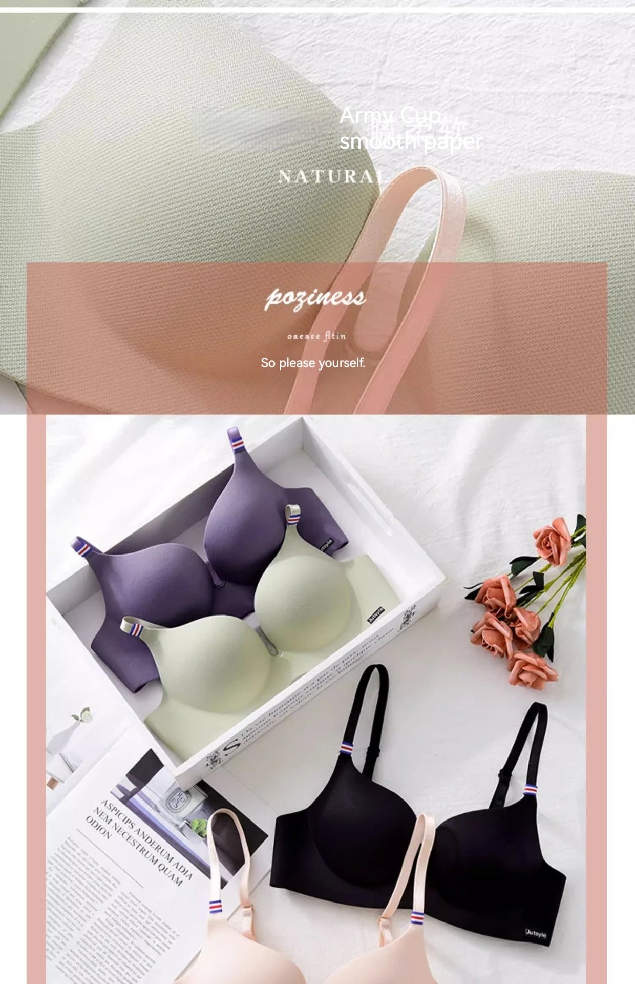 INTIMO SECRETS English Ice Silk Bra Set – Thick Cup, Wire-Free, Gathered Lingerie