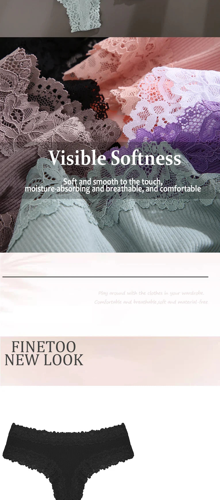 INTIMO SECRETS 3PCS Lace Cotton Thongs – Sexy Low-Rise Seamless G-String Underwear for Women S-XL