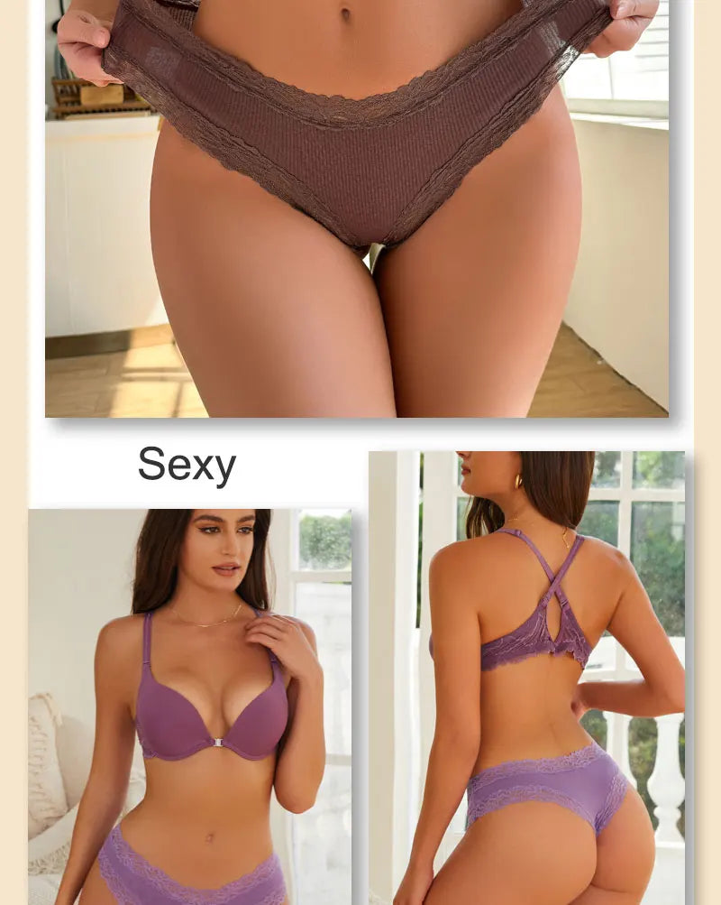 INTIMO SECRETS 3PCS Lace Cotton Thongs – Sexy Low-Rise Seamless G-String Underwear for Women S-XL