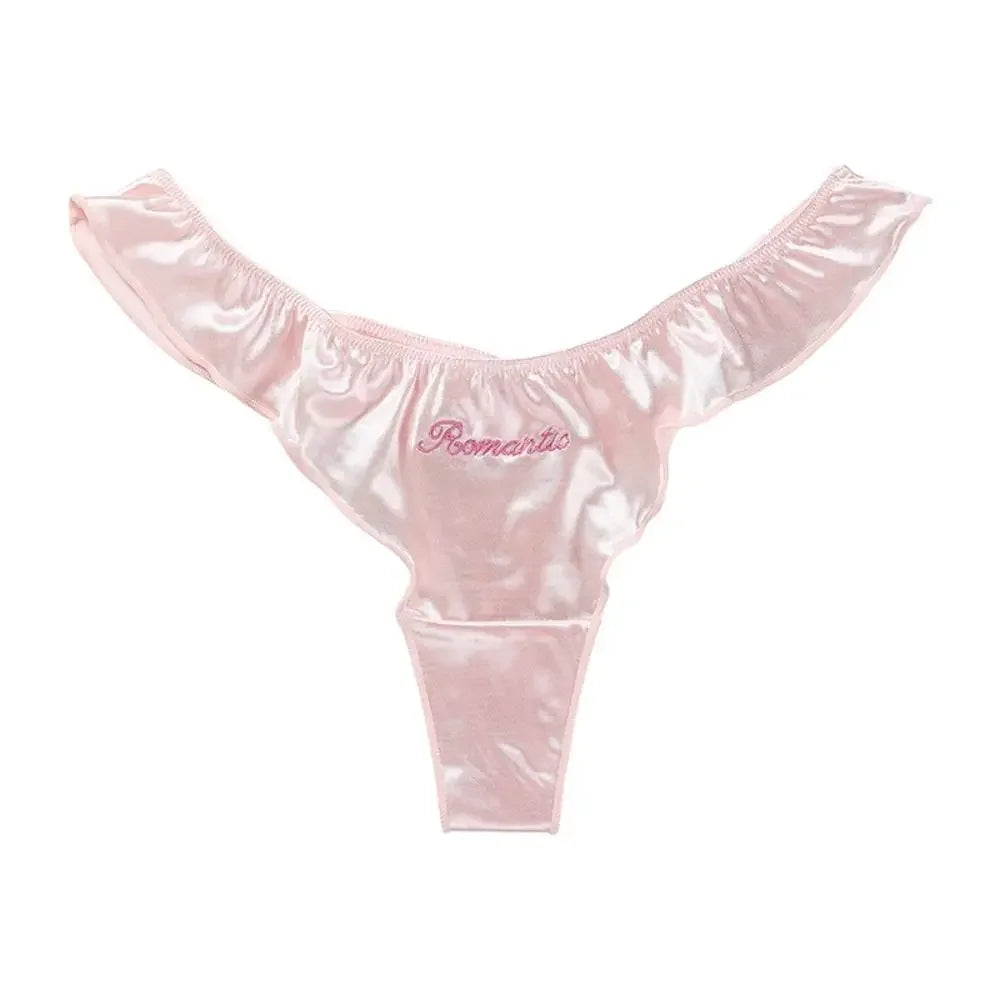 INTIMO SECRETS Pink Satin Silk Ruffle Thong – Sexy Low-Waist G-String for Women