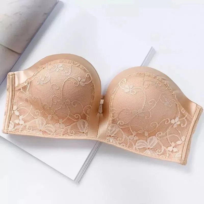 INTIMO SECRETS Women’s Sexy Strapless Bra – Black Lace Seamless Push-Up Invisible Bralette