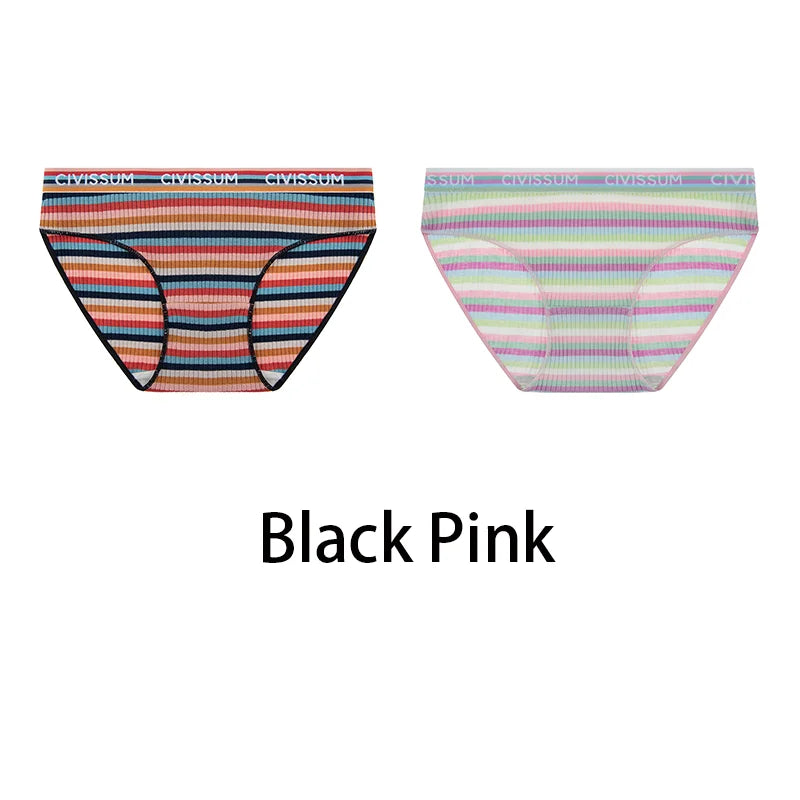 2PCS/Set Women Cotton Plus Size Panties M-4XL Comfort Underwear Sexy Colorful Rainbow Striped Lingerie Girls Cute Briefs NK608