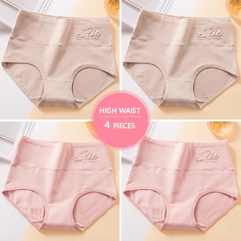 Plus Size M-5XL 4Pcs/Set High Waist Cotton Panties Women Body Shaper Underwear Soft Print Girls Briefs Slimming Female Lingerie